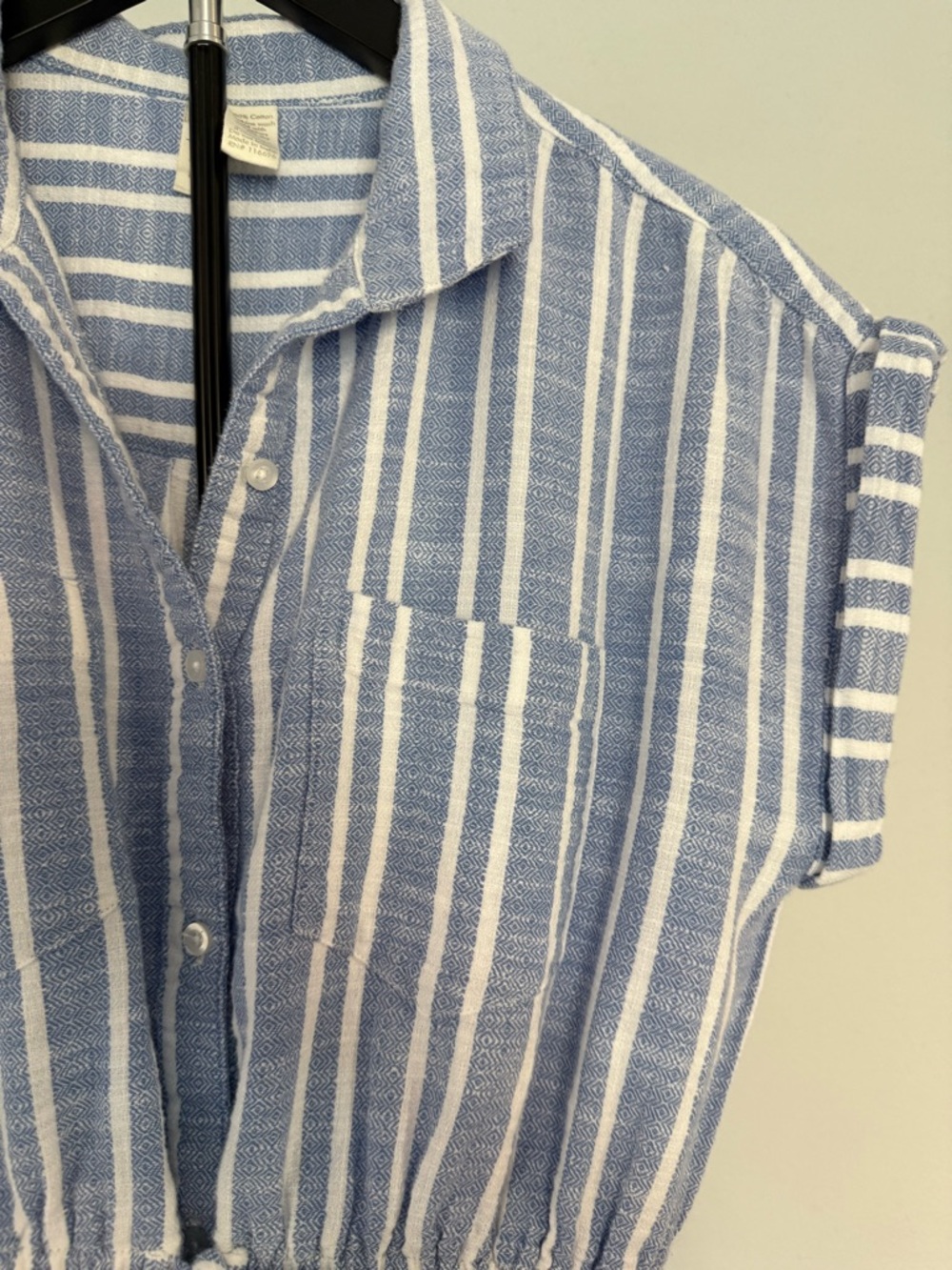 Blue White Button-up Swim Cover-up Dress 100% Cotton Collared Pockets Large Prep - Picture 6 of 13